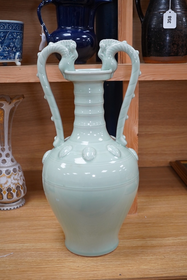 A large Chinese celadon twin handled vase, 55cm high. Condition - good